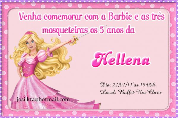 Convite Barbie 3 Mo 10x15 com envelope personalizado e lacre